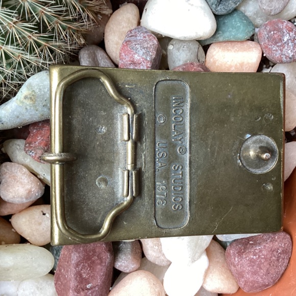 Vintage Incolay Studios USA 1976 Brass Stone Horse Belt Buckle